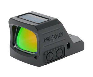 Black Holosun red dot reflex sight with green-tinted lens and solar panel on top.