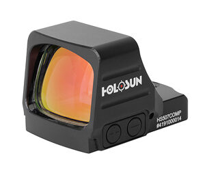 Holosun HS507COMP red dot sight with orange-lensed window, black polymer housing, shown from a front-left angle.