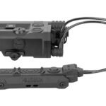 Black rail-mounted tactical laser/light module with a coiled remote pressure-switch cable.