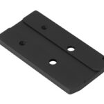 Black metal mounting bracket with two screw holes and rounded edges for attaching components.