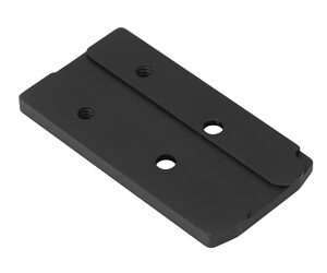 Black metal mounting bracket with two screw holes and rounded edges for attaching components.