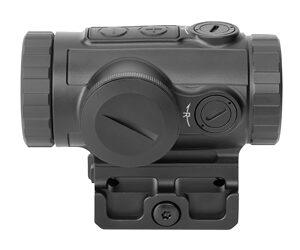 Close-up of a black reflex red-dot sight with adjustment dials, mounted on a rail/rail mount.