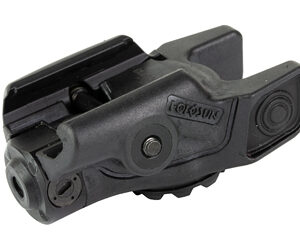 Close-up of a small black tactical optic with a lens and mounting rail for a firearm, used to aid aiming.