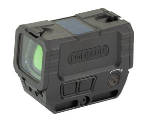 Compact holographic rifle sight with a green-tinted lens and rugged black housing, mounted for firearms use.