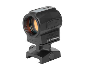 Compact red dot sight with mounting base for firearm rail.