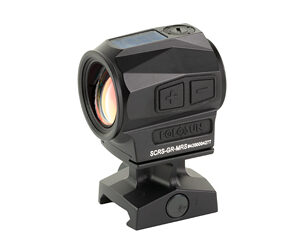 Compact rifle red-dot sight with two side buttons, mounted on a small rail base for aiming on firearms.