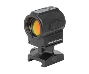 Black compact red-dot reflex sight mounted on a rail for aiming on a firearm.