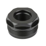 Black metal hex-shaped threaded adapter with internal threads.