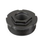 Black plastic threaded adapter/nut with a central hexagonal recess and ridged outer surface