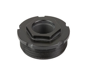 Black plastic threaded adapter/nut with a central hexagonal recess and ridged outer surface