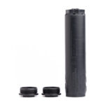Black cylindrical reusable water bottle with two caps placed beside it on a white background.