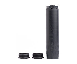 Black cylindrical reusable water bottle with two caps placed beside it on a white background.