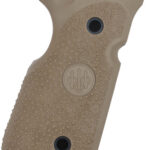 Tan textured pistol grip panel with two screw holes and a circular emblem in the center.