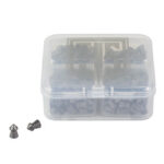 Clear plastic storage box with small metal fasteners; two fasteners sit outside the box.