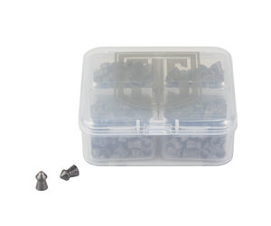Clear plastic storage box with small metal fasteners; two fasteners sit outside the box.