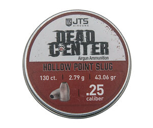Circular tin label for Dead Center Hollow Point Slug ammunition, 25 caliber, showing the JTS Ammunition branding and a small bullet graphic.