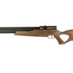 Double-barrel shotgun with a wooden stock and a long rib, shown horizontally.