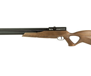 Double-barrel shotgun with a wooden stock and a long rib, shown horizontally.