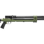 Olive green tactical semi-automatic shotgun with a long barrel, rail, and adjustable stock.