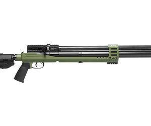 Olive green tactical semi-automatic shotgun with a long barrel, rail, and adjustable stock.