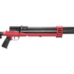 Pump-action shotgun with a red receiver and forend, black barrel, and adjustable stock.
