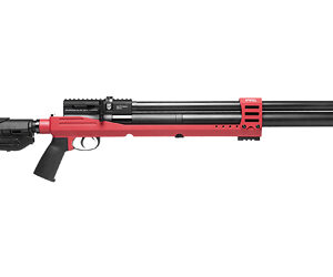 Pump-action shotgun with a red receiver and forend, black barrel, and adjustable stock.