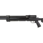 Side view of a black pump-action tactical shotgun with an adjustable stock and fore-end.