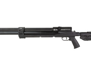 Side view of a black pump-action tactical shotgun with an adjustable stock and fore-end.
