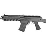 Black semi-automatic rifle with a long barrel, quad-rail handguard, pistol grip, and a detachable magazine.