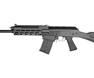 Black semi-automatic rifle with a long barrel, quad-rail handguard, pistol grip, and a detachable magazine.