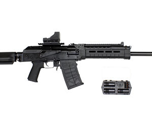 Black assault rifle with collapsible stock, long barrel and top rail, equipped with a detachable curved magazine and a spare magazine shown beside it.