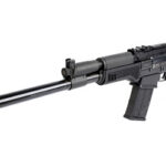 Black semi-automatic rifle with a long suppressor-length barrel, handguard, pistol grip, and magazine, facing left.