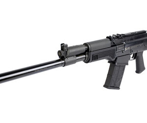 Black semi-automatic rifle with a long suppressor-length barrel, handguard, pistol grip, and magazine, facing left.