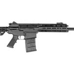 Side view of a black semi-automatic rifle with an adjustable stock, rail system, and detachable magazine.