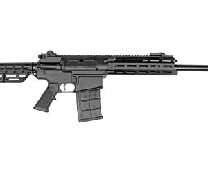 Side view of a black semi-automatic rifle with an adjustable stock, rail system, and detachable magazine.