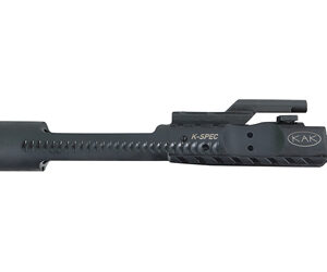 Side view of a long black rifle-style muzzle device with a suppressor and top rail, shown against a white background, brand markings visible.