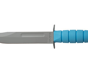 Fixed-blade knife with a gray blade and a bright blue ribbed handle.