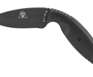 Black KA-BAR knife with a curved, textured handle and drop-point blade (logo on blade).