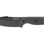 Fixed-blade knife with a black drop-point blade and gray ergonomic handle; lanyard hole and three screws visible.