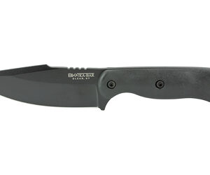 Fixed-blade knife with a black drop-point blade and gray ergonomic handle; lanyard hole and three screws visible.