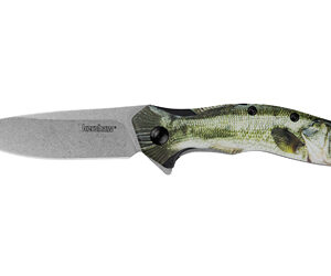 Fixed-blade knife with a fish-shaped handle in green scale-pattern, blade extending from the molded fish grip.