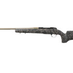 Camouflaged rifle with a long barrel and wooden forend, shown in profile.