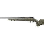 Bolt-action rifle with tan camouflage stock and long slender barrel, shown in profile.