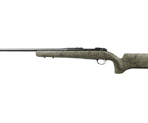 Bolt-action hunting rifle with a camouflaged stock, shown lying horizontally.