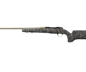 Camouflage-patterned bolt-action hunting rifle with a wooden fore-end, isolated on a white background.