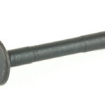 Black plastic automotive push-in rivet with a flat round head and a split, barbed tail used to fasten panels.