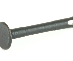 Black plastic automotive push-in rivet with a flat round head and a split, barbed tail used to fasten panels.