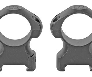 Pair of gray rifle scope rings with circular hoops and screw holes for mounting a scope on a rifle.”, “Two scope rings for mounting a rifle scope, shown side by side from the front.”, “Double set of gray clamp-on scope mounts with circular rings and bottom supports.