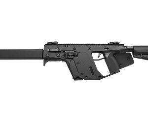 Black compact rifle-style firearm with a long suppressor, folding stock, and rails, shown in profile from the left.
