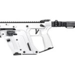 White bullpup-style rifle with a black adjustable stock, rail system, and pistol grip.